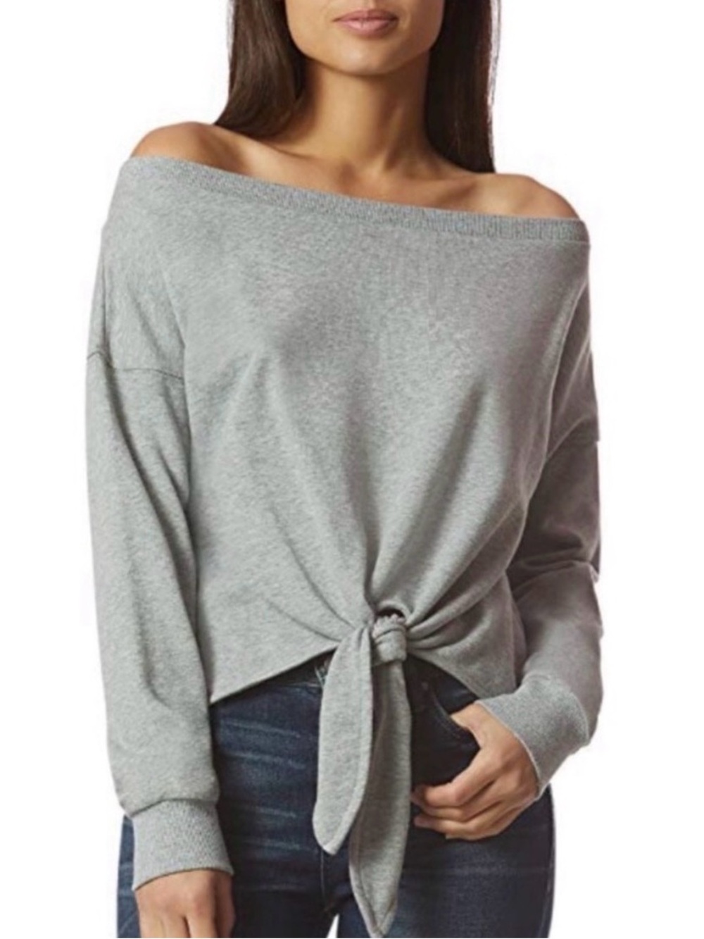 Avec Les Files Grey Off The Shoulder Cropped Sweatshirt with Front Tie